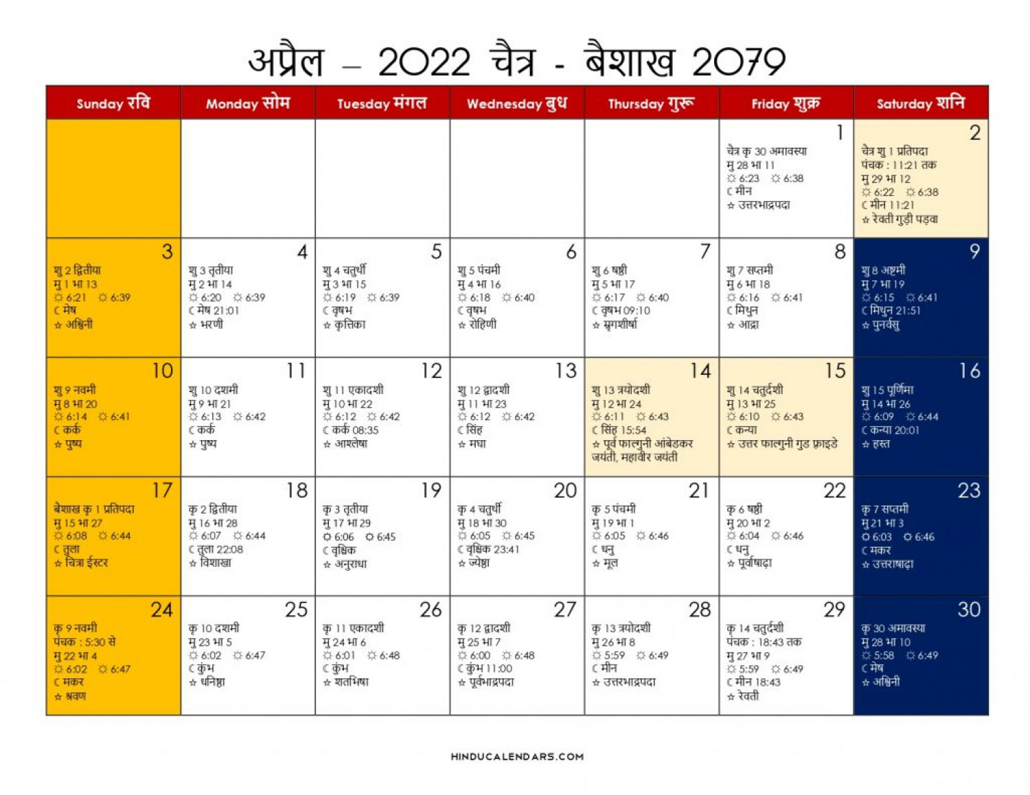  April 2022 Calendar In Hindi Infographic