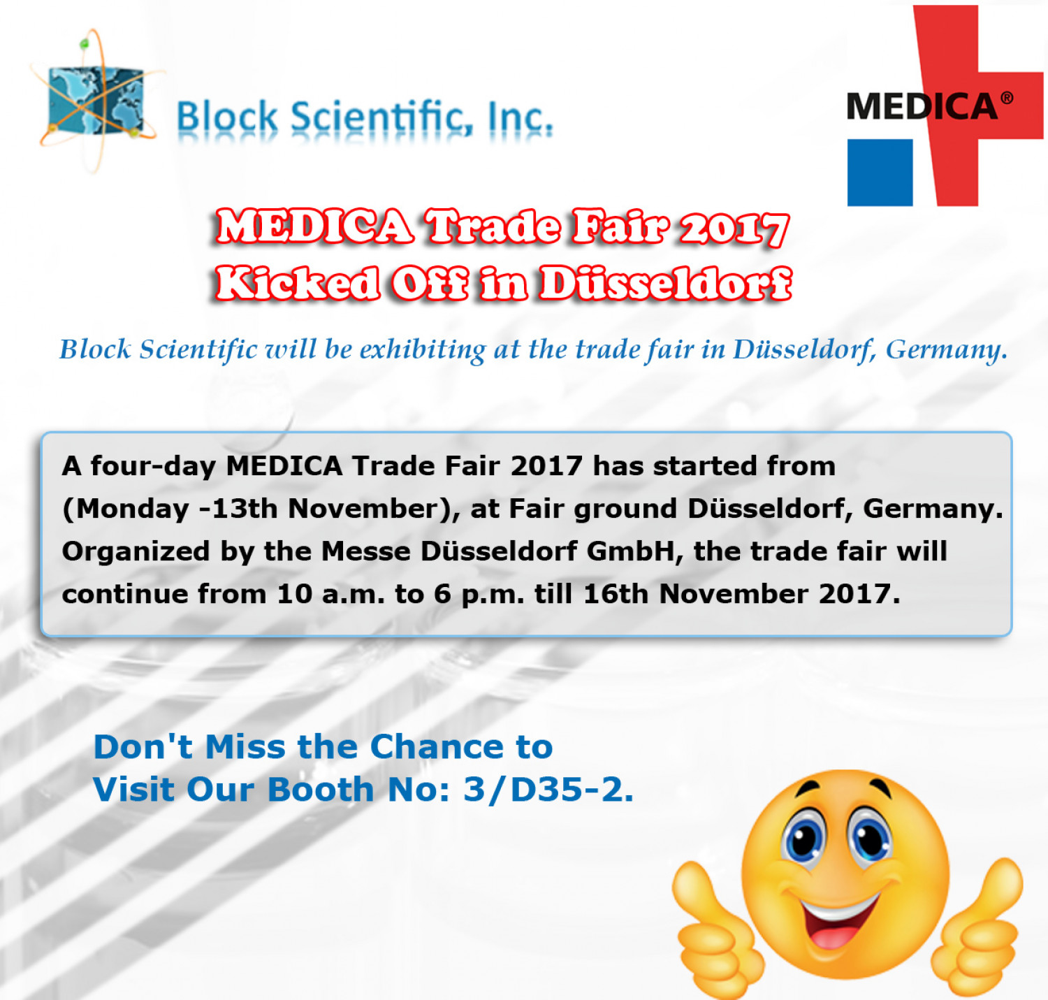 Block Scientific will be exhibiting at the trade fair in Diisseldorf, Germany Infographic