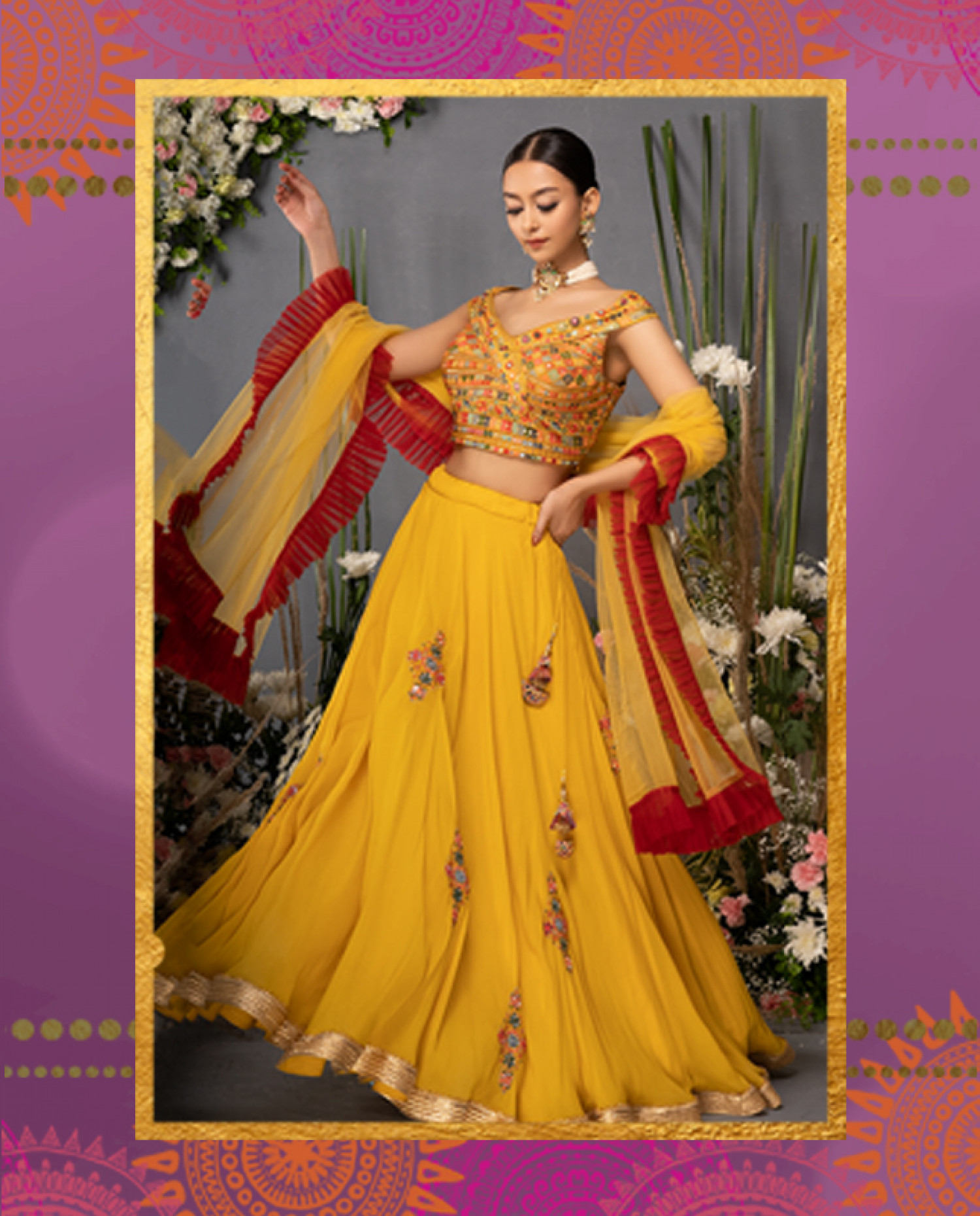 Buy Online Indian Ethnic Embroidered Georgette Yellow Lehenga | Anuchaa Infographic