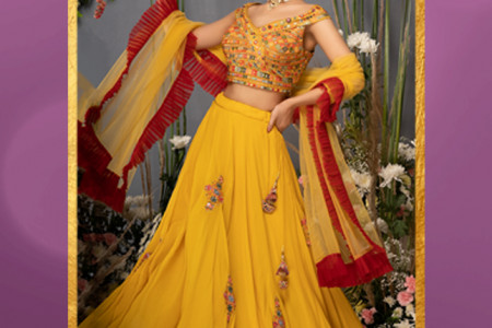 Buy Online Indian Ethnic Embroidered Georgette Yellow Lehenga | Anuchaa Infographic