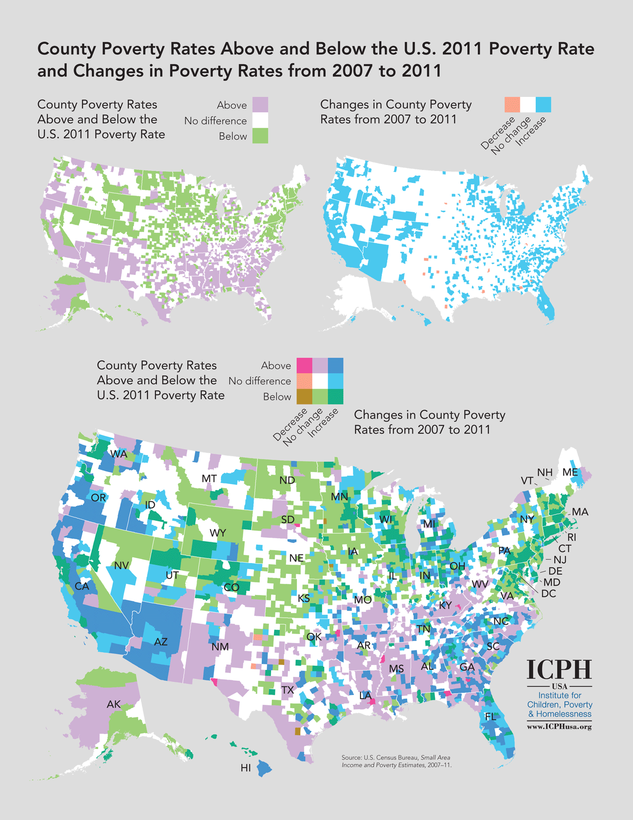 Changes in U.S. Poverty Rates, by County, from 2007 to 2011 Infographic