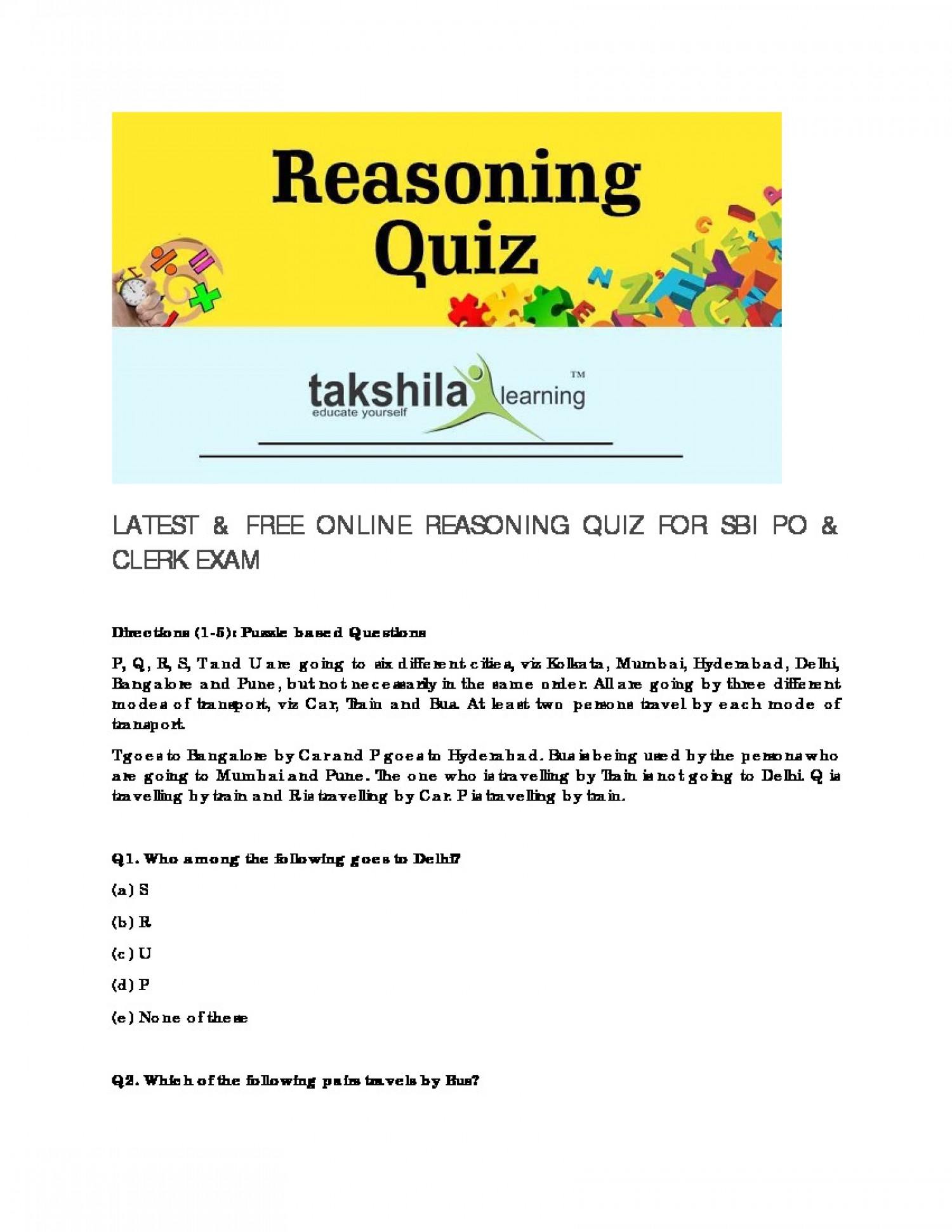 FREE ONLINE REASONING QUIZ FOR SBI PO & CLERK EXAM Infographic