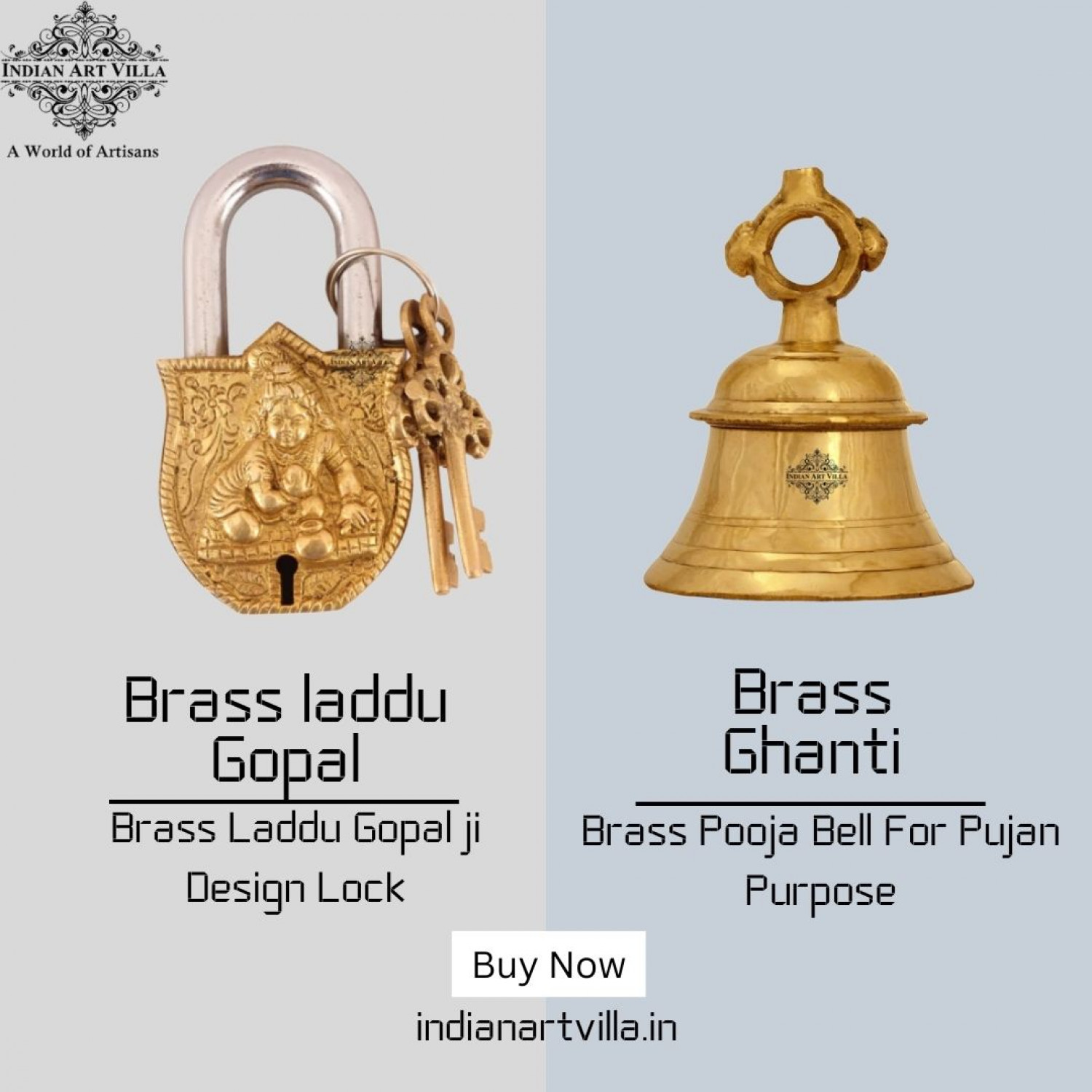  Handcrafted Brass Ghanti and Laddu Gopal by Indian Art Villa Infographic