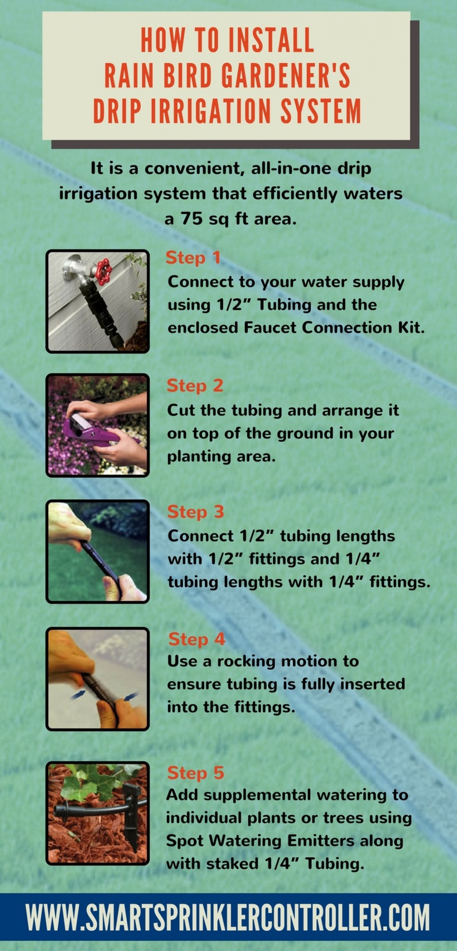 How to install Rain Bird Gardener's Drip Irrigation System Infographic
