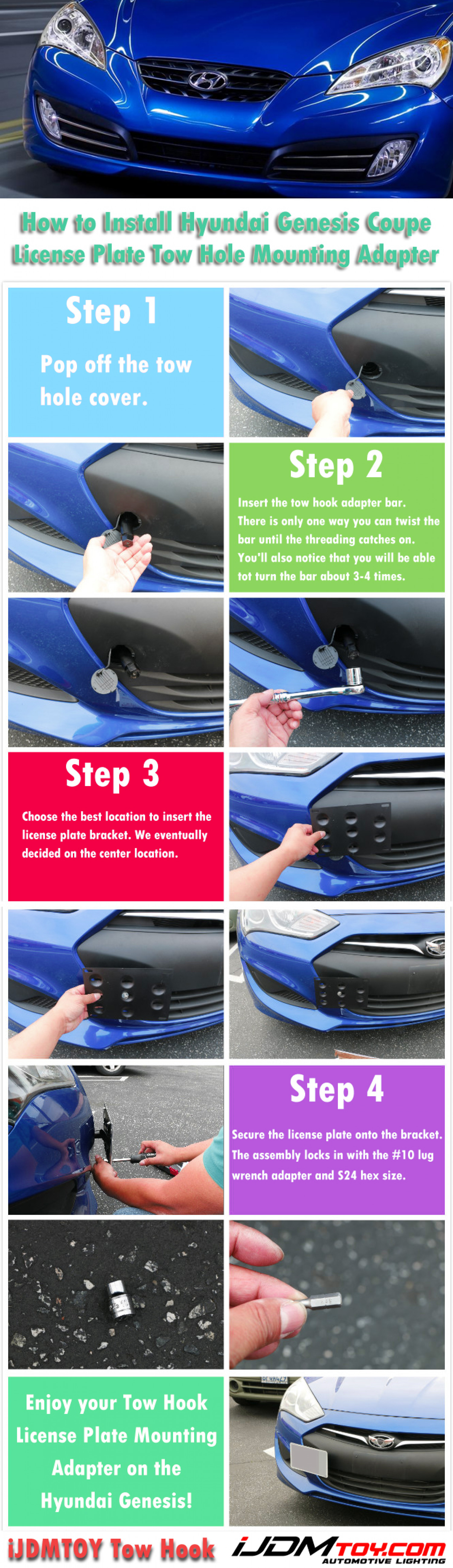 Install Hyundai Genesis Coupe License Plate Tow Hole Mounting Adapter Infographic