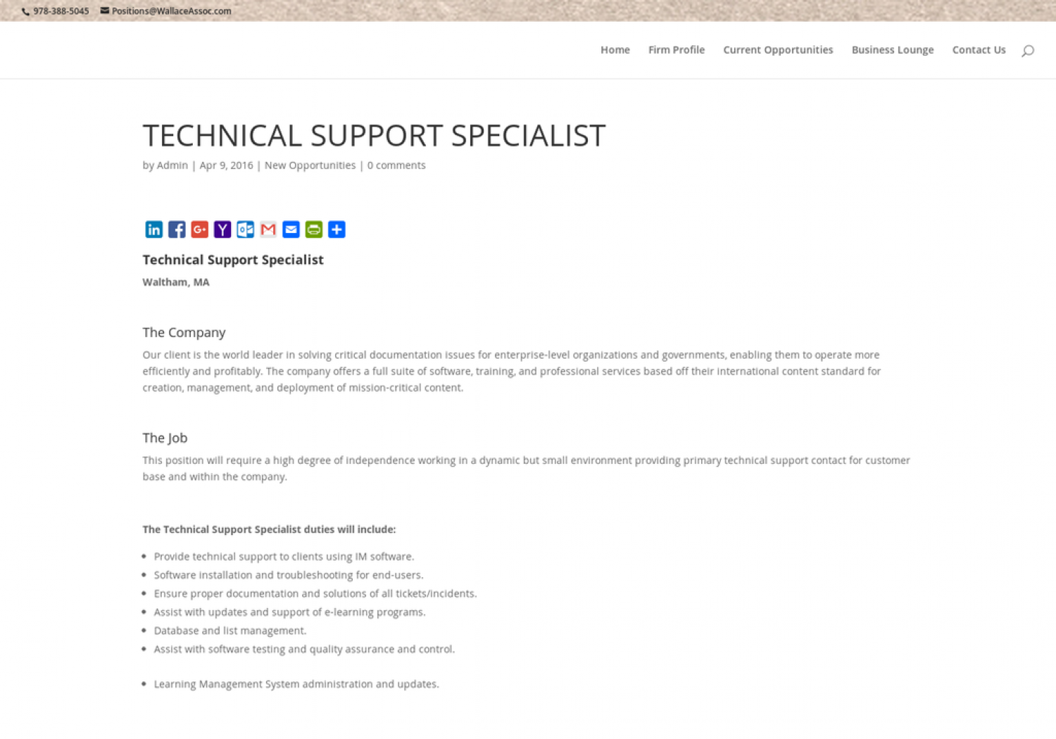 Technical Support Specialist Job at Wallace Associates Infographic