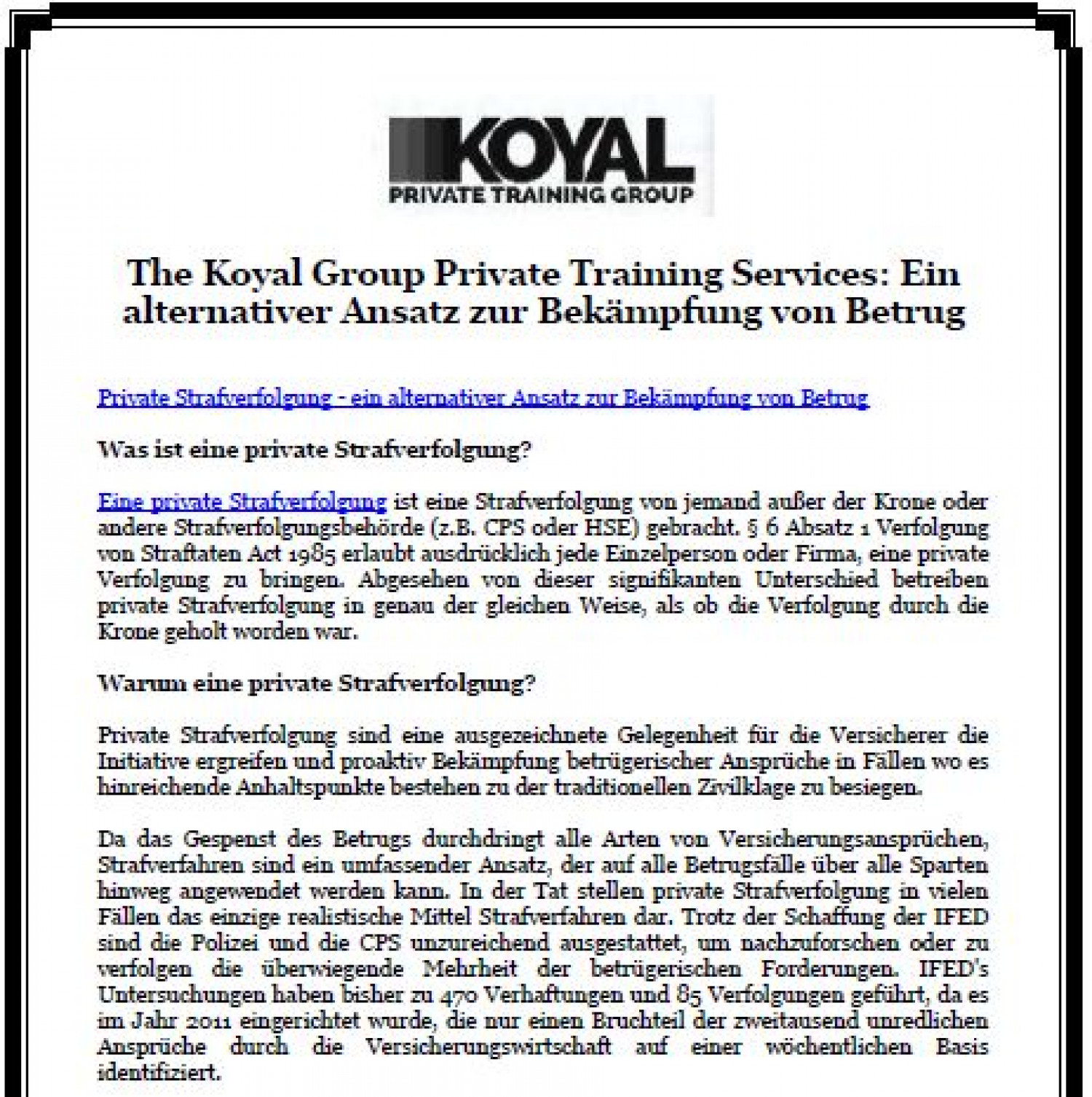 The Koyal Group Private Training Services: Ein alternativer Ansatz zur Bekämpfung von Betrug Infographic