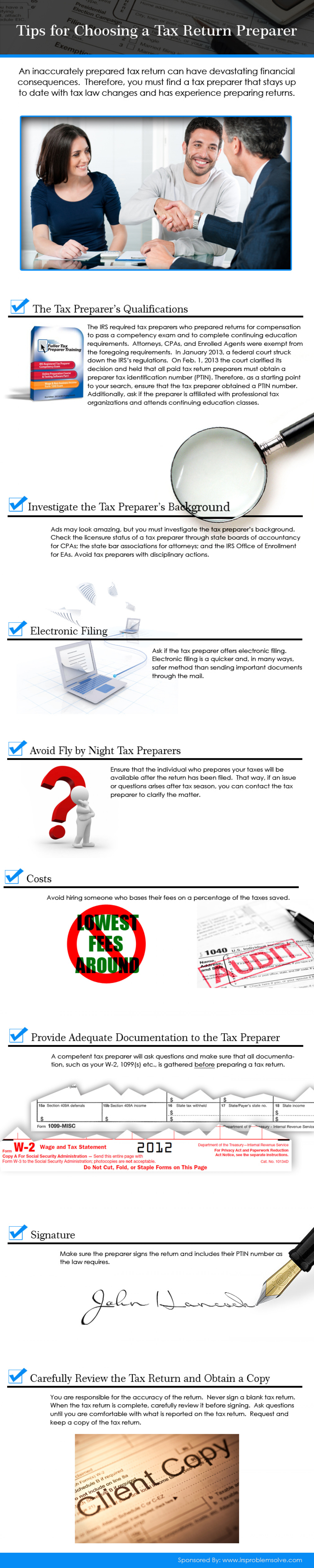 Tips for Choosing a Tax Return Preparer Infographic